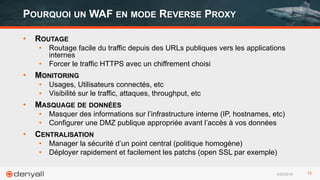 6/29/2016 13
• ROUTAGE
• Routage facile du traffic depuis des URLs publiques vers les applications
internes
• Forcer le traffic HTTPS avec un chiffrement choisi
• MONITORING
• Usages, Utilisateurs connectés, etc
• Visibilité sur le traffic, attaques, throughput, etc
• MASQUAGE DE DONNÉES
• Masquer des informations sur l’infrastructure interne (IP, hostnames, etc)
• Configurer une DMZ publique appropriée avant l’accès à vos données
• CENTRALISATION
• Manager la sécurité d’un point central (politique homogène)
• Déployer rapidement et facilement les patchs (open SSL par exemple)
POURQUOI UN WAF EN MODE REVERSE PROXY
 