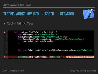▸ Red = Failing Test
Tokyo iOS Meetup June 2016Derek Lee @derekleerock
GETTING OVER THE HUMP
TESTING WORKFLOW: RED → GREEN → REFACTOR
 