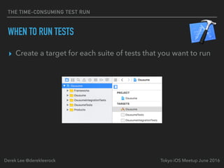 THE TIME-CONSUMING TEST RUN
WHEN TO RUN TESTS
▸ Create a target for each suite of tests that you want to run
Tokyo iOS Meetup June 2016Derek Lee @derekleerock
 