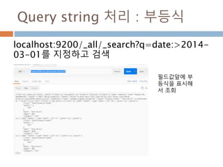 Query string 처리 : 부등식
localhost:9200/_all/_search?q=date:>2014-
03-01를 지정하고 검색
필드값앞에 부
등식을 표시해
서 조회
 