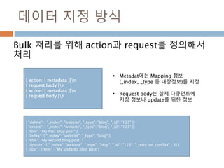 데이터 지정 방식
Bulk 처리를 위해 action과 request를 정의해서
처리
{ action: { metadata }}n
{ request body }n
{ action: { metadata }}n
{ request body }n
 Metadat에는 Mapping 정보
(_index, _type 등 내장정보)를 지정
 Request body는 실제 다큐먼트에
저장 정보나 update를 위한 정보
{ "delete": { "_index": "website", "_type": "blog", "_id": "123" }}
{ "create": { "_index": "website", "_type": "blog", "_id": "123" }}
{ "title": "My first blog post" }
{ "index": { "_index": "website", "_type": "blog" }}
{ "title": "My second blog post" }
{ "update": { "_index": "website", "_type": "blog", "_id": "123", "_retry_on_conflict" : 3} }
{ "doc" : {"title" : "My updated blog post"} }
 