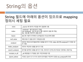 String의 옵션
String 필드에 아래의 옵션이 있으므로 mapping
정의시 세팅 필요
store _source 에 데이터 저장을 하지 않을때 사용
index
analyzed : 필드에 분석기 적용,
not_analyzed : 필드에 분석기를 사용하지 않을 때 적용,
No : 필드를 색인하지 않을 경우
boost 필드에 가중치 부여해서 검색결과의 우선순위에 영향
null_value 해당 필드가 없을 경우 기본값을 설정
analyzer
데이터 색인과 문자열검색에 사용될 분석기 지정, index 옵션에 analyzed가 지정된 경
우 사용
Index_analyzer 데이터 색인에 사용될 분석기 지정
search_analyzer 문자열 검색에 사용될 분석기 지정. 데이터가 인덱스에 색인된 이후에도 변경가능
include_in_all _all 매핑필드가 적용된 경우 색인여부를 지정
ignore_above 지정딘 값보다 큰 크기의 토큰의 문자열은 색인하지 않음 not_analyzed때 유용
 
