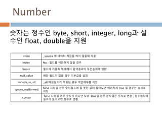 Number
숫자는 정수인 byte, short, integer, long과 실
수인 float, double을 지원
store _source 에 데이터 저장을 하지 않을때 사용
index No : 필드를 색인하지 않을 경우
boost 필드에 가중치 부여해서 검색결과의 우선순위에 영향
null_value 해당 필드가 없을 경우 기본값을 설정
include_in_all _all 매핑필드가 적용된 경우 색인여부를 지정
ignore_malformed
false 지정일 경우 숫자필드에 잘 못된 값이 들어오면 에러처리 true 일 경우는 강제로
저장
coerce
false 지정일 경우 숫자가 아니면 오류 true일 경우 문자열은 숫자로 변환 , 정수필드에
실수가 들어오면 정수로 변환
 