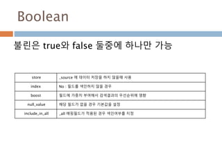 Boolean
불린은 true와 false 둘중에 하나만 가능
store _source 에 데이터 저장을 하지 않을때 사용
index No : 필드를 색인하지 않을 경우
boost 필드에 가중치 부여해서 검색결과의 우선순위에 영향
null_value 해당 필드가 없을 경우 기본값을 설정
include_in_all _all 매핑필드가 적용된 경우 색인여부를 지정
 