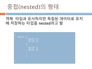 중첩(nested)의 형태
객체 타입과 유사하지만 독립된 데이터로 유지
해 저장하는 타입을 nested라고 함
{
“필드명” : [ {
“필드명” : 값
“필드명” : 값
},
{
“필드명” : 값
“필드명” : 값
},
]
}
 