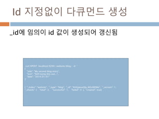 Id 지정없이 다큐먼드 생성
_id에 임의이 id 값이 생성되어 갱신됨
curl XPOST localhost:9200//website/blog/ -d ‘
{
"title": "My second blog entry",
"text": "Still trying this out...",
"date": "2014/01/01"
}’
{ "_index": "website", "_type": "blog", "_id": "AVUjaeueQIy_M2v0EEWe", "_version": 1,
"_shards": { "total": 2, "successful": 1, "failed": 0 }, "created": true}
 