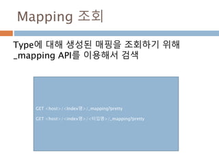 Mapping 조회
Type에 대해 생성된 매핑을 조회하기 위해
_mapping API를 이용해서 검색
GET <host>/<Index명>/_mapping?pretty
GET <host>/<index명>/<타입명>/_mapping?pretty
 