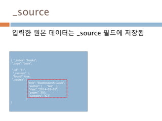 _source
입력한 원본 데이터는 _source 필드에 저장됨
{ "_index": "books",
"_type": "book",
"_id": "11",
"_version": 1,
"found": true,
"_source": {
"title": "Elasticsearch Guide",
"author": [ "lee" ],
"date": "2014-05-01",
"pages": 300,
"category": "ICT"
}
}
 