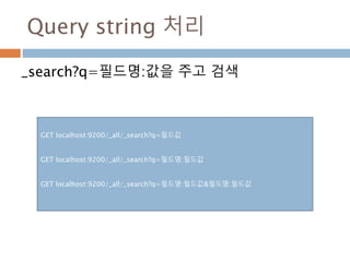 Query string 처리
_search?q=필드명:값을 주고 검색
GET localhost:9200/_all/_search?q=필드값
GET localhost:9200/_all/_search?q=필드명:필드값
GET localhost:9200/_all/_search?q=필드명:필드값&필드명:필드값
 