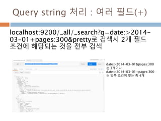 Query string 처리 : 여러 필드(+)
localhost:9200/_all/_search?q=date:>2014-
03-01+pages:300&pretty로 검색시 2개 필드
조건에 해당되는 것을 전부 검색
date:>2014-03-01&pages:300
는 3개이나
date:>2014-03-01+pages:300
는 양쪽 조건에 맞는 총 4개
 