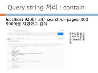 Query string 처리 : contain
localhost:9200/_all/_search?q=pages:(300
5000)를 지정하고 검색
필드값을 괄호
표시하고 값들
을 blank로 구
분
 