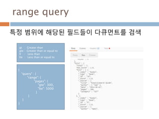 Query string 처리 : 질의어
localhost:9200/_all/_search?q=elasticsearch
를 지정하고 검색
 