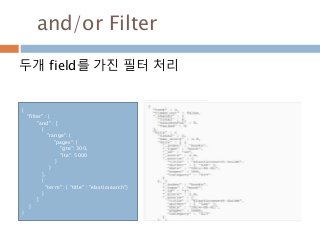 and/or Filter
두개 field를 가진 필터 처리
{
"filter" : {
"and" : [
{
"range": {
"pages": {
"gte": 300,
"lte": 5000
}
}
},
{
"term" : { "title" : "elasticsearch"}
}
]
}
}
 