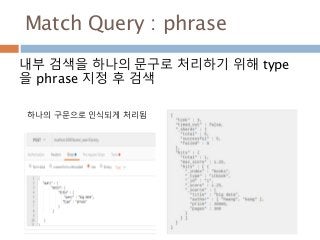 Match Query : phrase
내부 검색을 하나의 문구로 처리하기 위해 type
을 phrase 지정 후 검색
하나의 구문으로 인식되게 처리됨
 