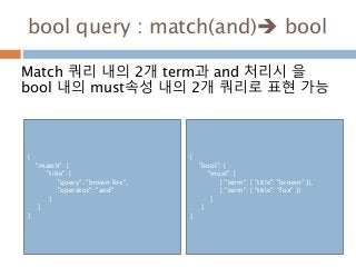 bool query : match(and) bool
Match 쿼리 내의 2개 term과 and 처리시 을
bool 내의 must속성 내의 2개 쿼리로 표현 가능
{
"match": {
"title": {
"query": "brown fox",
"operator": "and"
}
}
}
{
"bool": {
"must": [
{ "term": { "title": "brown" }},
{ "term": { "title": "fox" }}
]
}
}
 