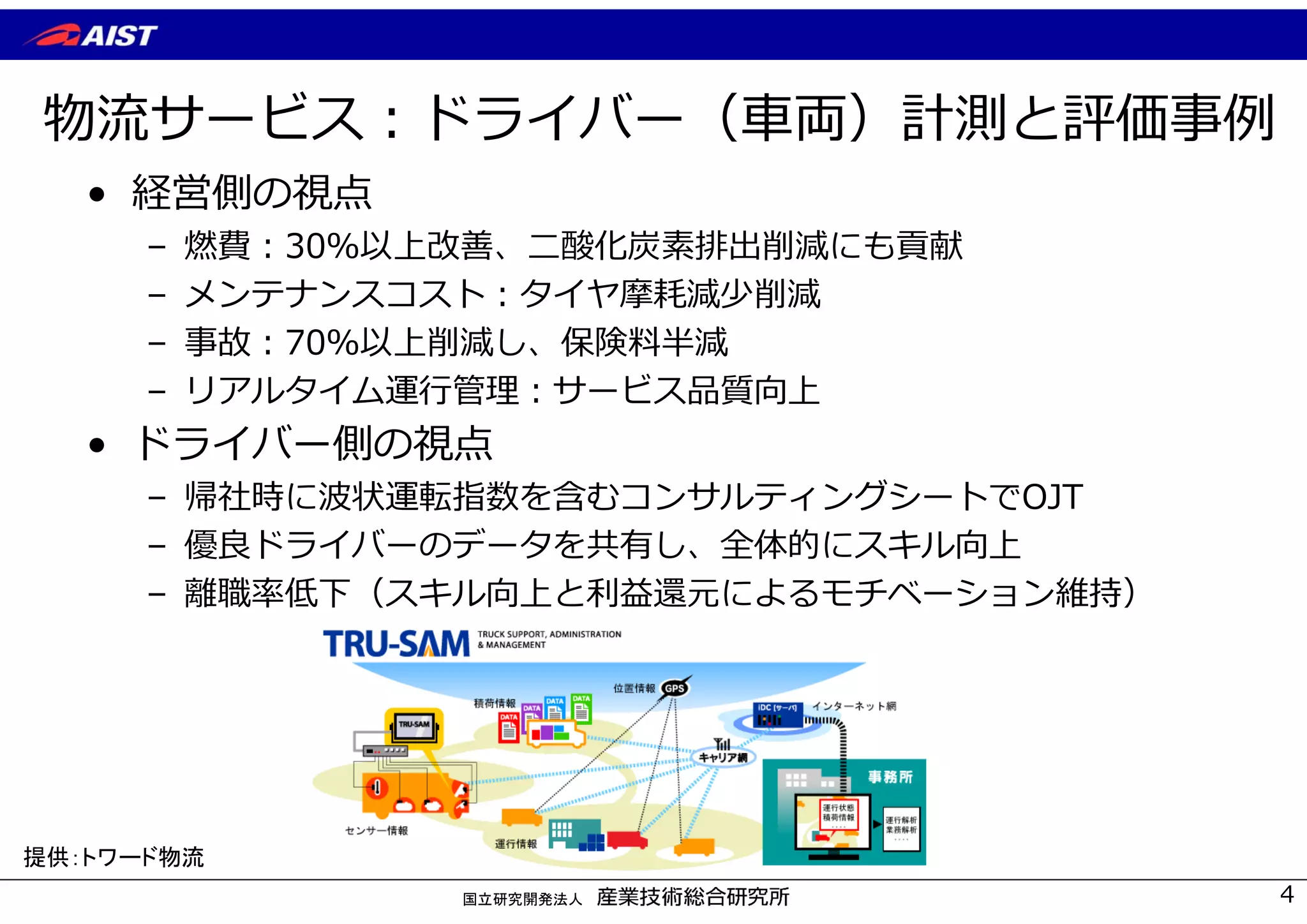 国立研究開発法人
物流サービス︓ドライバー（⾞両）計測と評価事例
• 経営側の視点
– 燃費︓30％以上改善、⼆酸化炭素排出削減にも貢献
– メンテナンスコスト︓タイヤ摩耗減少削減
– 事故︓70％以上削減し、保険料半減
– リアルタイム運⾏管理︓サービス品質向上
• ドライバー側の視点
– 帰社時に波状運転指数を含むコンサルティングシートでOJT
– 優良ドライバーのデータを共有し、全体的にスキル向上
– 離職率低下（スキル向上と利益還元によるモチベーション維持）
提供：トワード物流
4
 