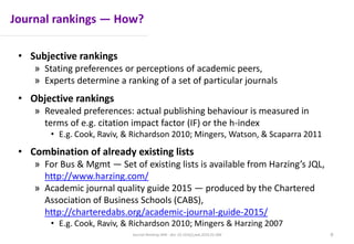 Journal rankings — How?
• Subjective rankings
» Stating preferences or perceptions of academic peers,
» Experts determine a ranking of a set of particular journals
• Objective rankings
» Revealed preferences: actual publishing behaviour is measured in
terms of e.g. citation impact factor (IF) or the h-index
• E.g. Cook, Raviv, & Richardson 2010; Mingers, Watson, & Scaparra 2011
• Combination of already existing lists
» For Bus & Mgmt — Set of existing lists is available from Harzing’s JQL,
http://www.harzing.com/
» Academic journal quality guide 2015 — produced by the Chartered
Association of Business Schools (CABS),
http://charteredabs.org/academic-journal-guide-2015/
• E.g. Cook, Raviv, & Richardson 2010; Mingers & Harzing 2007
Journal Ranking JWB - doi: 10.1016/j.jwb.2016.01.006 9
 