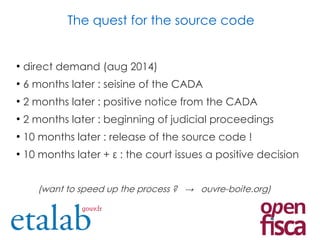 ●
direct demand (aug 2014)
●
6 months later : seisine of the CADA
●
2 months later : positive notice from the CADA
●
2 months later : beginning of judicial proceedings
●
10 months later : release of the source code !
●
10 months later + ε : the court issues a positive decision
The quest for the source code
(want to speed up the process ? → ouvre-boite.org)
 