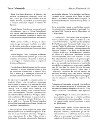 - Mario Ariel Juárez Rodríguez, de Morena, a los
artículos: cincuenta y uno; cincuenta y cinco; y se-
tenta y cinco, que en votación económica no se ad-
miten a discusión, se desechan, y se reservan para
su votación nominal en conjunto en términos del
dictamen.
- Araceli Damián González, de Morena, a los artí-
culos: cincuenta y nueve; y Décimo Quinto Transi-
torio, que en votación económica no se admiten a
discusión, se desechan, y se reservan para su vota-
ción nominal en conjunto en términos del dictamen.
- Vidal Llerenas Morales, de Morena, al artículo
ciento dos, que en votación económica no se admi-
te a discusión, se desecha, y se reserva para su vo-
tación nominal en conjunto en términos del dicta-
men.
- Blanca Margarita Cuata Domínguez, de Morena,
al artículo ciento sesenta y cuatro, que en votación
económica no se admite a discusión, se desecha, y
se reserva para su votación nominal en conjunto en
términos del dictamen.
- Germán Ernesto Ralis Cumplido, de Movimiento
Ciudadano, al artículo doscientos sesenta y seis,
que en votación económica no se admite a discu-
sión, se desecha, y se reserva para su votación no-
minal en conjunto en términos del dictamen.
Sin más oradores registrados en votación nominal por
trescientos ochenta y ocho votos a favor; y cincuenta y
siete en contra, se aprueban en lo particular los artícu-
los: veintidós, cuarenta y seis, cincuenta y uno, cin-
cuenta y cinco, cincuenta y nueve, setenta y cinco,
ciento dos, ciento sesenta y cuatro, doscientos sesenta
y seis, y Décimo Quinto Transitorio, de la Ley Nacio-
nal del Sistema Integral de Justicia Penal para Adoles-
centes, en términos del dictamen. Se aprueba en lo ge-
neral y en lo particular el proyecto de decreto por el
que se expide la Ley Nacional del Sistema Integral de
Justicia Penal para Adolescentes. Pasa al Ejecutivo pa-
ra sus efectos constitucionales.
c) Para fijar postura de sus respectivos grupos parla-
mentarios en relación al dictamen con proyecto de de-
creto por el que se reforman, adicionan, y derogan di-
versas disposiciones de la Ley Federal contra la
Delincuencia Organizada, intervienen las diputadas y
los diputados: Gonzalo Guízar Valladares, del Partido
Encuentro Social; Angélica Reyes Ávila, de Nueva
Alianza; Macedonio Salomón Tamez Guajardo, de
Movimiento Ciudadano; Ernestina Godoy Ramos, de
Morena;
En su oportunidad y desde su curul realiza comenta-
rios sobre diversos temas legislativos la diputada Nor-
ma Rocío Nahle García, de Morena. El presidente ha-
ce aclaraciones.
Lía Limón García, del Partido Verde Ecologista de
México; Arturo Santana Alfaro, del Partido de la Re-
volución Democrática; J. Apolinar Casillas Gutiérrez,
del Partido de Acción Nacional; y Carlos Iriarte Mer-
cado, del Partido Revolucionario Institucional. Se so-
mete a discusión en lo general e intervienen en pro los
diputados: Cándido Ochoa Rojas, del Partido Verde
Ecologista de México; y Waldo Fernández González,
del Partido de la Revolución Democrática. Sin más
oradores registrados, en votación económica se consi-
dera suficientemente discutido en lo general el pro-
yecto de decreto. El presidente informa a la asamblea
que se han reservado para su discusión en lo particular
los artículos: segundo, tercero, octavo, once, once Bis,
once Bis Uno, doce Ter, catorce, dieciséis, dieciocho,
veintiuno, y veinticuatro de la Ley Federal contra la
Delincuencia Organizada. En votación nominal, por
trescientos noventa y cuatro votos a favor y treinta y
tres en contra, se aprueban en lo general y en lo parti-
cular los artículos no reservados del proyecto de de-
creto.
A discusión en lo particular, se concede el uso de la pa-
labra para presentar propuestas de modificación a los
artículos reservados de la Ley Federal contra la Delin-
cuencia Organizada, a las diputadas y a los diputados:
- Jorge Tello López, de Morena, a los artículos: se-
gundo, tercero, y once, que en votación económica
no se admiten a discusión, se desechan, y se reser-
van para su votación nominal en conjunto en térmi-
nos del dictamen.
- Manuel Jesús Clouthier Carrillo, diputado inde-
pendiente, a los artículos: octavo, doce, dieciséis,
dieciocho, veintiuno, y veinticuatro, que en vota-
ción económica no se admiten a discusión, se des-
echan, y se reservan para su votación nominal en
conjunto en términos del dictamen.
Gaceta Parlamentaria Miércoles 15 de junio de 20166
 