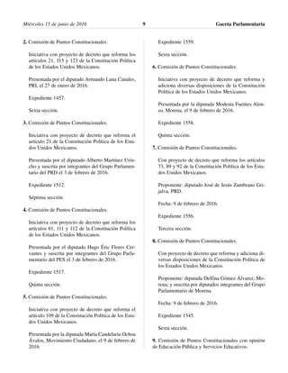 2. Comisión de Puntos Constitucionales.
Iniciativa con proyecto de decreto que reforma los
artículos 21, 115 y 123 de la Constitución Política
de los Estados Unidos Mexicanos.
Presentada por el diputado Armando Luna Canales,
PRI, el 27 de enero de 2016.
Expediente 1457.
Sexta sección.
3. Comisión de Puntos Constitucionales.
Iniciativa con proyecto de decreto que reforma el
artículo 21 de la Constitución Política de los Esta-
dos Unidos Mexicanos.
Presentada por el diputado Alberto Martínez Urin-
cho y suscrita por integrantes del Grupo Parlamen-
tario del PRD el 3 de febrero de 2016.
Expediente 1512.
Séptima sección.
4. Comisión de Puntos Constitucionales.
Iniciativa con proyecto de decreto que reforma los
artículos 61, 111 y 112 de la Constitución Política
de los Estados Unidos Mexicanos.
Presentada por el diputado Hugo Éric Flores Cer-
vantes y suscrita por integrantes del Grupo Parla-
mentario del PES el 3 de febrero de 2016.
Expediente 1517.
Quinta sección.
5. Comisión de Puntos Constitucionales.
Iniciativa con proyecto de decreto que reforma el
artículo 109 de la Constitución Política de los Esta-
dos Unidos Mexicanos.
Presentada por la diputada María Candelaria Ochoa
Ávalos, Movimiento Ciudadano, el 9 de febrero de
2016.
Expediente 1559.
Sexta sección.
6. Comisión de Puntos Constitucionales.
Iniciativa con proyecto de decreto que reforma y
adiciona diversas disposiciones de la Constitución
Política de los Estados Unidos Mexicanos.
Presentada por la diputada Modesta Fuentes Alon-
so, Morena, el 9 de febrero de 2016.
Expediente 1558.
Quinta sección.
7. Comisión de Puntos Constitucionales.
Con proyecto de decreto que reforma los artículos
73, 89 y 92 de la Constitución Política de los Esta-
dos Unidos Mexicanos.
Proponente: diputado José de Jesús Zambrano Gri-
jalva, PRD.
Fecha: 9 de febrero de 2016.
Expediente 1556.
Tercera sección.
8. Comisión de Puntos Constitucionales.
Con proyecto de decreto que reforma y adiciona di-
versas disposiciones de la Constitución Política de
los Estados Unidos Mexicanos.
Proponente: diputada Delfina Gómez Álvarez, Mo-
rena; y suscrita por diputados integrantes del Grupo
Parlamentario de Morena
Fecha: 9 de febrero de 2016.
Expediente 1545.
Sexta sección.
9. Comisión de Puntos Constitucionales con opinión
de Educación Pública y Servicios Educativos.
Miércoles 15 de junio de 2016 Gaceta Parlamentaria9
 