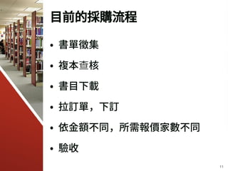 目前的採購流程
• 書單徵集
• 複本查核
• 書目下載
• 拉訂單，下訂
• 依金額不同，所需報價家數不同
• 驗收
11
 