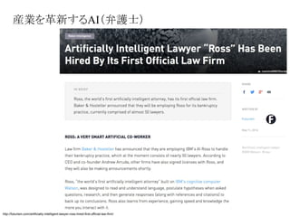 http://futurism.com/artificially-intelligent-lawyer-ross-hired-first-official-law-firm/
産業を革新するAI（弁護士）
 