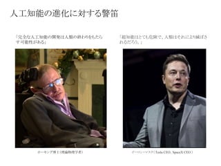 人工知能の進化に対する警笛
「完全な人工知能の開発は人類の終わりをもたら
す可能性がある」
「超知能はとても危険で、人類はそれにより滅ぼさ
れるだろう。」
ホーキング博士（理論物理学者） イーロン・マスク（ Tesla CEO、SpaceX CEO ）
 
