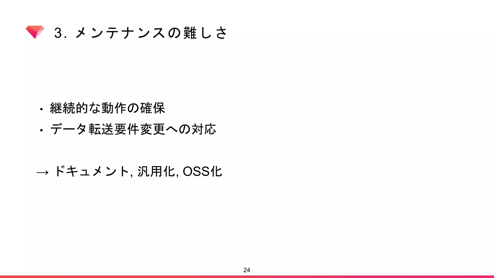3. メンテナンスの難しさ
• 継続的な動作の確保
• データ転送要件変更への対応
→ ドキュメント, 汎用化, OSS化
24
 