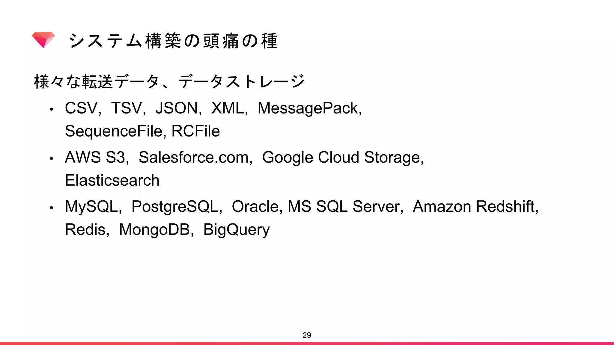 システム構築の頭痛の種
様々な転送データ、データストレージ
• CSV, TSV, JSON, XML, MessagePack,
SequenceFile, RCFile
• AWS S3, Salesforce.com, Google Cloud Storage,
Elasticsearch
• MySQL, PostgreSQL, Oracle, MS SQL Server, Amazon Redshift,
Redis, MongoDB, BigQuery
29
 