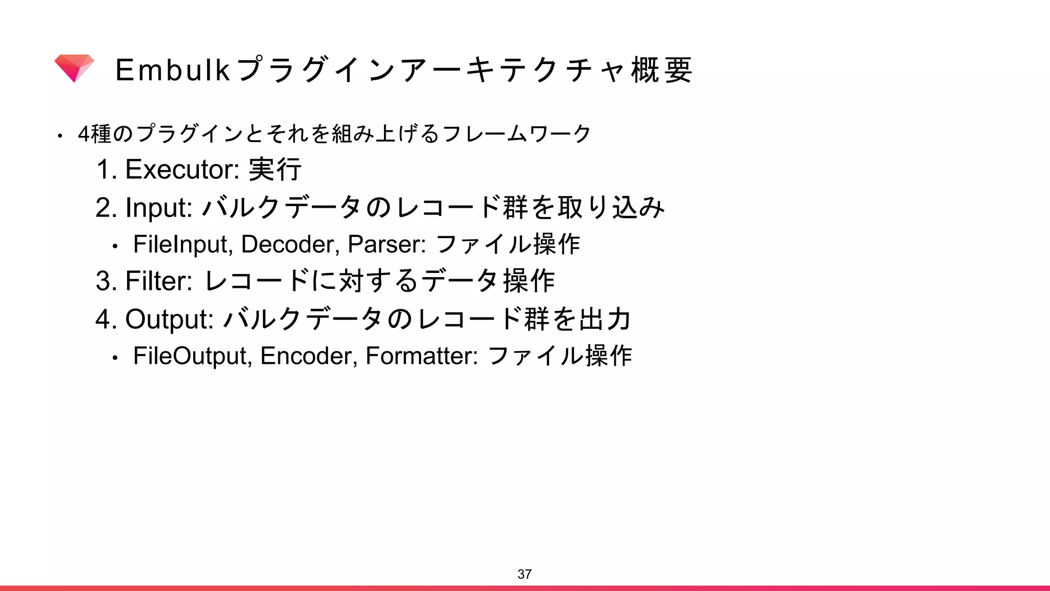 Embulkプラグインアーキテクチャ概要
• 4種のプラグインとそれを組み上げるフレームワーク
1. Executor: 実行
2. Input: バルクデータのレコード群を取り込み
• FileInput, Decoder, Parser: ファイル操作
3. Filter: レコードに対するデータ操作
4. Output: バルクデータのレコード群を出力
• FileOutput, Encoder, Formatter: ファイル操作
37
 