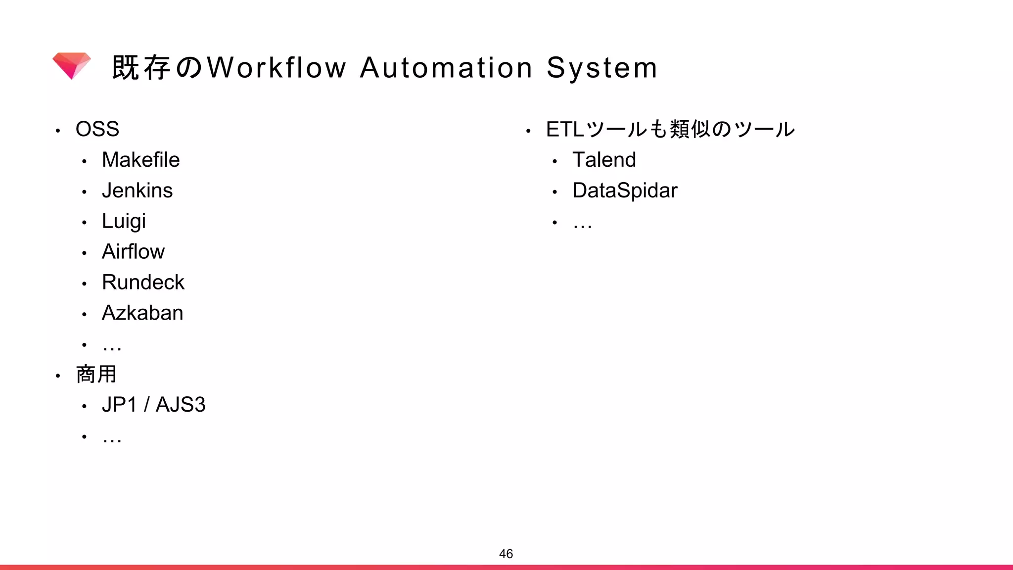 既存のWorkflow Automation System
• OSS
• Makefile
• Jenkins
• Luigi
• Airflow
• Rundeck
• Azkaban
• …
• 商用
• JP1 / AJS3
• …
46
• ETLツールも類似のツール
• Talend
• DataSpidar
• …
 
