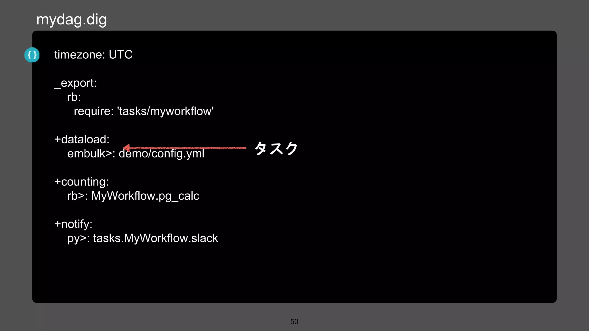 timezone: UTC
_export:
rb:
require: 'tasks/myworkflow'
+dataload:
embulk>: demo/config.yml
+counting:
rb>: MyWorkflow.pg_calc
+notify:
py>: tasks.MyWorkflow.slack
50
mydag.dig
タスク
 