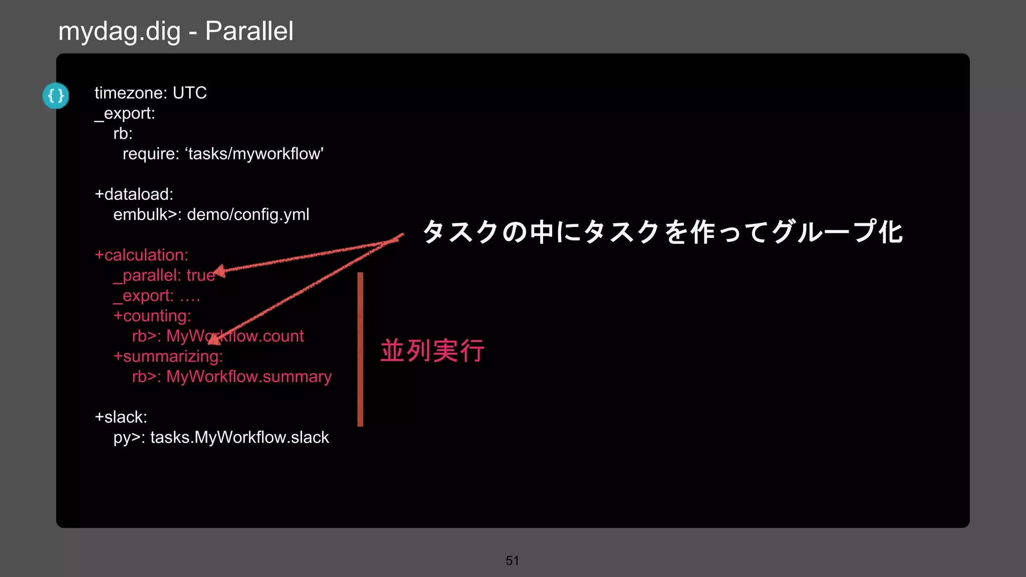 timezone: UTC
_export:
rb:
require: ‘tasks/myworkflow'
+dataload:
embulk>: demo/config.yml
+calculation:
_parallel: true
_export: ….
+counting:
rb>: MyWorkflow.count
+summarizing:
rb>: MyWorkflow.summary
+slack:
py>: tasks.MyWorkflow.slack
51
mydag.dig - Parallel
並列実行
タスクの中にタスクを作ってグループ化
 