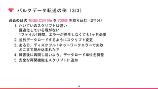 バルクデータ転送の例（3/3）
過去の日次 10GB CSV file を 730個 を取り込む（2年分）
1. たいていのスクリプトは遅い
最適化している暇がない
1ファイル1時間、エラーが発生しなくても1ヶ月必要
2. 並列データロードするようにスクリプト変更
3. ある日、ディスクフル / ネットワークエラーで失敗
どこまで読み込まれた？
4. 障害後に再開し易いよう、データロード単位を調整
5. 安全な再開機能をスクリプトに追加
28
 