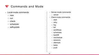Commands and Mode
• Local-mode commands
• new
• run
• check
• scheduler
• selfupdate
54
• Server-mode commands
• server
• Client-mode commands
• start
• retry
• log
• kill
• workflows
• schedules
• backfill
• reschedule
• sessions
• attempts
• tasks
• push
 
