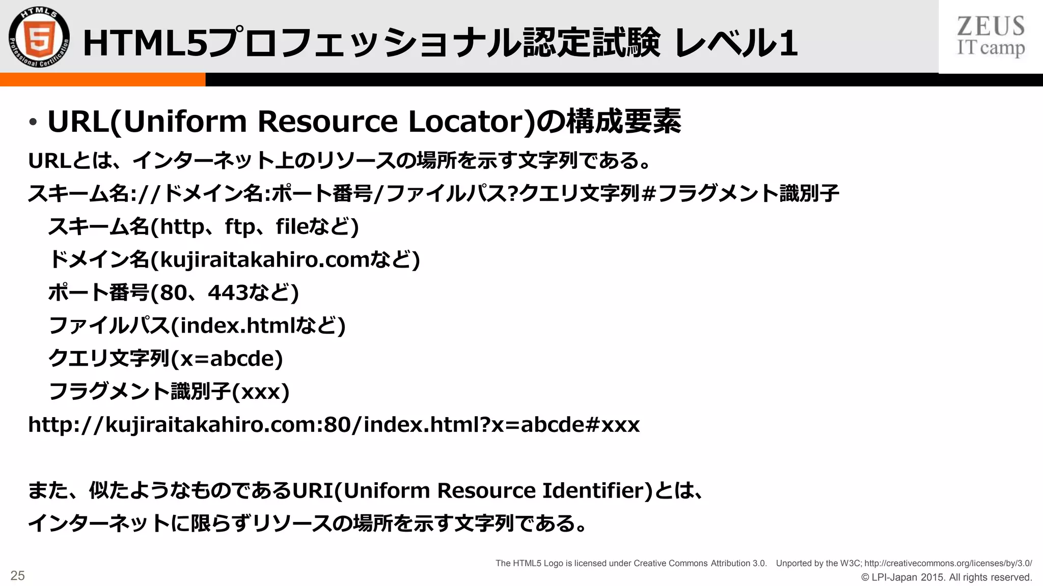 © LPI-Japan 2015. All rights reserved.
The HTML5 Logo is licensed under Creative Commons Attribution 3.0. Unported by the W3C; http://creativecommons.org/licenses/by/3.0/
25
• URL(Uniform Resource Locator)の構成要素
URLとは、インターネット上のリソースの場所を示す文字列である。
スキーム名://ドメイン名:ポート番号/ファイルパス?クエリ文字列#フラグメント識別子
スキーム名(http、ftp、fileなど)
ドメイン名(kujiraitakahiro.comなど)
ポート番号(80、443など)
ファイルパス(index.htmlなど)
クエリ文字列(x=abcde)
フラグメント識別子(xxx)
http://kujiraitakahiro.com:80/index.html?x=abcde#xxx
また、似たようなものであるURI(Uniform Resource Identifier)とは、
インターネットに限らずリソースの場所を示す文字列である。
HTML5プロフェッショナル認定試験 レベル1
 
