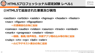 © LPI-Japan 2015. All rights reserved.
The HTML5 Logo is licensed under Creative Commons Attribution 3.0. Unported by the W3C; http://creativecommons.org/licenses/by/3.0/
29
②HTML5で追加された要素及び属性
<section> <article> <aside> <hgroup> <header> <footer>
<nav> <figure> <figcaption>
⇒文書構造化の為に追加
<canvas> <audio> <video> <source> <track> <embed>
<mark> <progress> <meter> <time>
⇒描画、動画/音声再生、外部アプリ埋め込み等の為に追加
<ruby> <rt> <rp> <bdi> <wbr>
⇒ルビやテキスト表示の為に追加
HTML5プロフェッショナル認定試験 レベル1
 