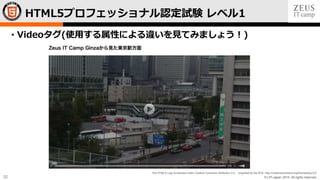 © LPI-Japan 2015. All rights reserved.
The HTML5 Logo is licensed under Creative Commons Attribution 3.0. Unported by the W3C; http://creativecommons.org/licenses/by/3.0/
32
• Videoタグ(使用する属性による違いを見てみましょう！)
HTML5プロフェッショナル認定試験 レベル1
 