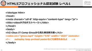 © LPI-Japan 2015. All rights reserved.
The HTML5 Logo is licensed under Creative Commons Attribution 3.0. Unported by the W3C; http://creativecommons.org/licenses/by/3.0/
33
<!doctype htlm>
<head>
<meta charset="utf-8" http-equiv="content-type" lang="ja">
<title>videoタグのテストページ</title>
</head>
<body>
<h2>Zeus IT Camp Ginzaから見た東京駅方面</h2>
<video src="ginza.mp4" height="576" width="1024" controls>
<!-- autoplay loop preload posterなども属性もあるよ -->
</body>
HTML5プロフェッショナル認定試験 レベル1
 