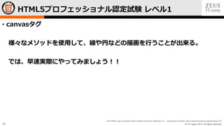 © LPI-Japan 2015. All rights reserved.
The HTML5 Logo is licensed under Creative Commons Attribution 3.0. Unported by the W3C; http://creativecommons.org/licenses/by/3.0/
35
• canvasタグ
様々なメソッドを使用して、線や円などの描画を行うことが出来る。
では、早速実際にやってみましょう！！
HTML5プロフェッショナル認定試験 レベル1
 