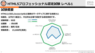 © LPI-Japan 2015. All rights reserved.
The HTML5 Logo is licensed under Creative Commons Attribution 3.0. Unported by the W3C; http://creativecommons.org/licenses/by/3.0/
7
HTML5プロフェッショナル認定試験 レベル1
試験概要
HTML5,CSS3,Javascriptなど最新のマークアップに関する技術力と
知識を、公平かつ厳正に、中立的な立場で認定する認定資格です。
試験時間： 90分
出題数 ： 約60問
出題形式： 選択/記述
受験費用： 15,000円(税別)
 