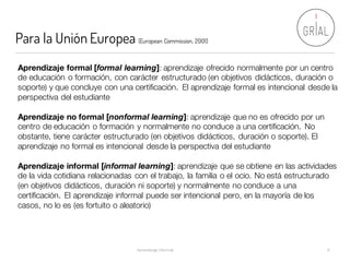 Para la Unión Europea (European Commission, 2001)
Aprendizaje Informal 6
Aprendizaje formal [formal learning]: aprendizaje ofrecido normalmente por un centro
de educación o formación, con carácter estructurado (en objetivos didácticos, duración o
soporte) y que concluye con una certificación. El aprendizaje formal es intencional desde la
perspectiva del estudiante
Aprendizaje no formal [nonformal learning]: aprendizaje que no es ofrecido por un
centro de educación o formación y normalmente no conduce a una certificación. No
obstante, tiene carácter estructurado (en objetivos didácticos, duración o soporte). El
aprendizaje no formal es intencional desde la perspectiva del estudiante
Aprendizaje informal [informal learning]: aprendizaje que se obtiene en las actividades
de la vida cotidiana relacionadas con el trabajo, la familia o el ocio. No está estructurado
(en objetivos didácticos, duración ni soporte) y normalmente no conduce a una
certificación. El aprendizaje informal puede ser intencional pero, en la mayoría de los
casos, no lo es (es fortuito o aleatorio)
 