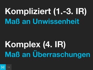 14
Kompliziert (1.-3. IR) 
Maß an Unwissenheit
Komplex (4. IR) 
Maß an Überraschungen
 