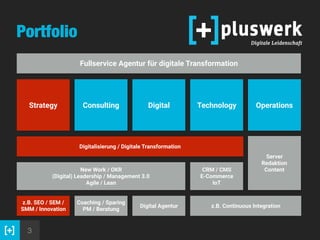 3
Fullservice Agentur für digitale Transformation
Strategy Consulting Digital Technology Operations
Digitalisierung / Digitale Transformation
New Work / OKR 
(Digital) Leadership / Management 3.0 
Agile / Lean
CRM / CMS 
E-Commerce 
IoT
z.B. SEO / SEM /
SMM / Innovation
Coaching / Sparing 
PM / Beratung
Digital Agentur z.B. Continuous Integration
Server 
Redaktion 
Content
Portfolio
 