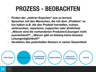41
PROZESS - BEOBACHTEN
VERSTEHEN BEOBACHTEN
STANDPUNKT
DEFINIEREN
IDEEN FINDEN
PROTOTYP
ENTWICKELN
TESTEN
• Finden der „wahren Experten“ (um zu lernen)
• Sprechen mit den Menschen, die mit dem „Problem“ zu
tun haben (z.B. die das Produkt herstellen, nutzen,
verbrauchen, reparieren, supporten oder ähnliches)
• „Warum sind die vorhandenen Produkte/Lösungen nicht
ausreichend?“, „Warum gibt es bislang keine bessere
Lösungmöglichkeit?“
• Verstehen des potentiellen Nutzers in seiner Gesamtheit
 