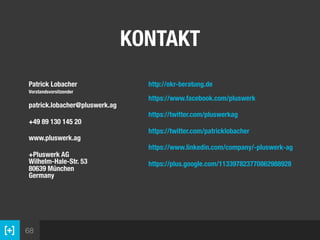 68
KONTAKT
Patrick Lobacher 
Vorstandsvorsitzender 
 
patrick.lobacher@pluswerk.ag
+49 89 130 145 20 
www.pluswerk.ag
+Pluswerk AG 
Wilhelm-Hale-Str. 53 
80639 München 
Germany
http://okr-beratung.de 
 
https://www.facebook.com/pluswerk
https://twitter.com/pluswerkag
https://twitter.com/patricklobacher
https://www.linkedin.com/company/-pluswerk-ag
https://plus.google.com/113397823770862988928
 