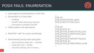 13
POSIX FAILS: ENUMERATION
●
Ceph objects are distributed by a 32-bit hash
●
Enumeration is in hash order
– scrubbing
– “backfill” (data rebalancing, recovery)
– enumeration via librados client API
● POSIX readdir is not well-ordered
● Need O(1) “split” for a given shard/range
● Build directory tree by hash-value prefix
– split any directory when size > ~100 files
– merge when size < ~50 files
– read entire directory, sort in-memory
…
DIR_A/
DIR_A/A03224D3_qwer
DIR_A/A247233E_zxcv
…
DIR_B/
DIR_B/DIR_8/
DIR_B/DIR_8/B823032D_foo
DIR_B/DIR_8/B8474342_bar
DIR_B/DIR_9/
DIR_B/DIR_9/B924273B_baz
DIR_B/DIR_A/
DIR_B/DIR_A/BA4328D2_asdf
… 
 