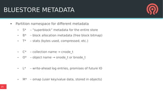25
BLUESTORE METADATA
● Partition namespace for different metadata
– S* – “superblock” metadata for the entire store
– B* – block allocation metadata (free block bitmap)
– T* – stats (bytes used, compressed, etc.)
– C* – collection name → cnode_t
– O* – object name → onode_t or bnode_t
– L* – write-ahead log entries, promises of future IO
– M* – omap (user key/value data, stored in objects)
 