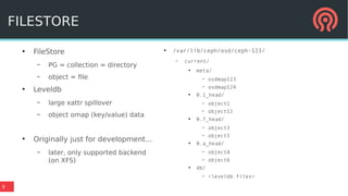 9
●
FileStore
– PG = collection = directory
– object = file
●
Leveldb
– large xattr spillover
– object omap (key/value) data
●
Originally just for development...
– later, only supported backend
(on XFS)
●
/var/lib/ceph/osd/ceph-123/
– current/
●
meta/
– osdmap123
– osdmap124
●
0.1_head/
– object1
– object12
●
0.7_head/
– object3
– object5
●
0.a_head/
– object4
– object6
●
db/
– <leveldb files>
FILESTORE
 