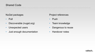 NuGet packages
• Pull
• Discoverable (nuget.org)
• Unexpected users
• Just enough documentation
Project references
• Push
• Team knowledge
• Dangerous to reuse
• Handover notes
Shared Code
 